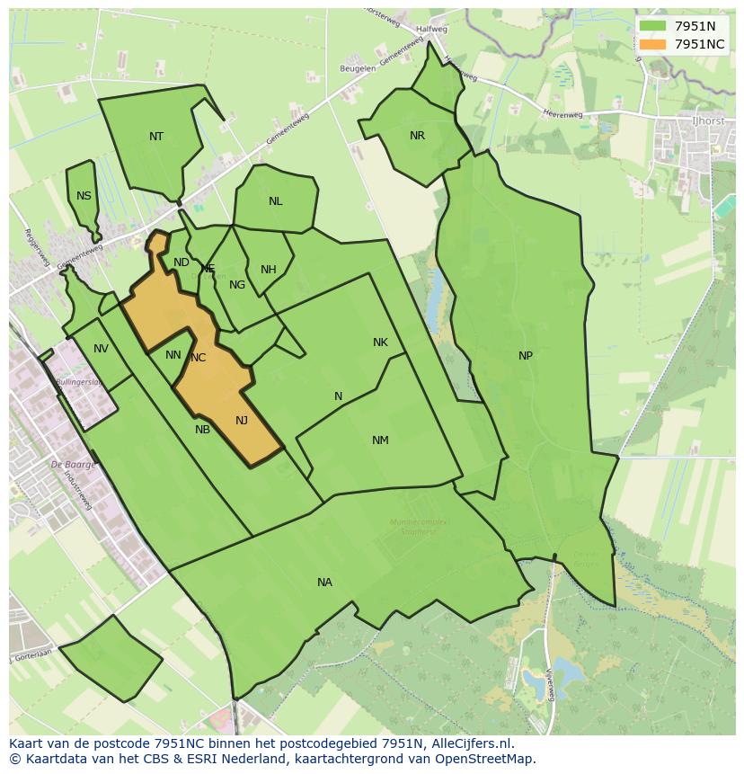 Afbeelding van het postcodegebied 7951 NC op de kaart.