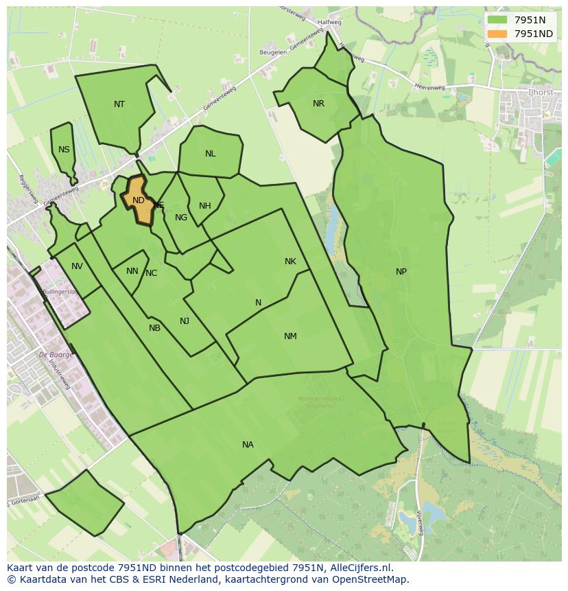 Afbeelding van het postcodegebied 7951 ND op de kaart.