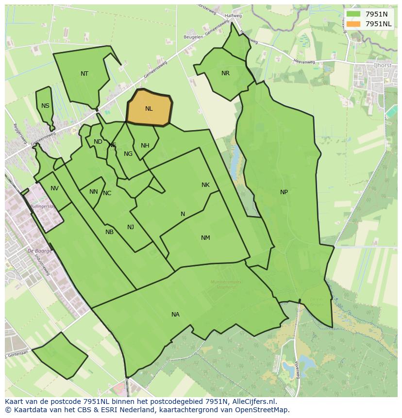 Afbeelding van het postcodegebied 7951 NL op de kaart.