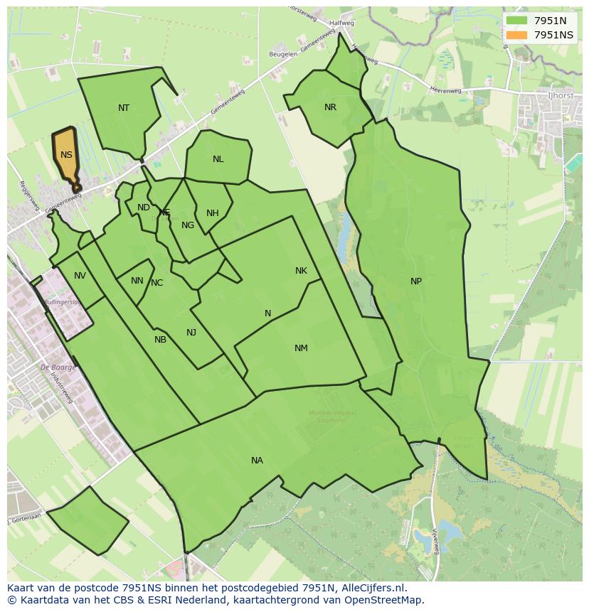 Afbeelding van het postcodegebied 7951 NS op de kaart.