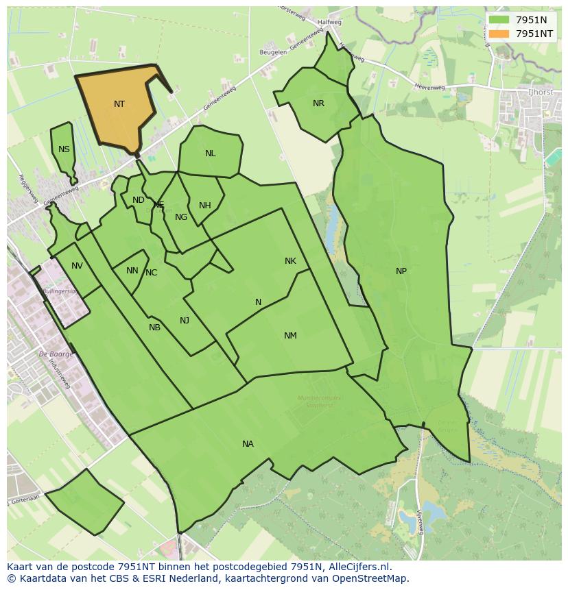 Afbeelding van het postcodegebied 7951 NT op de kaart.