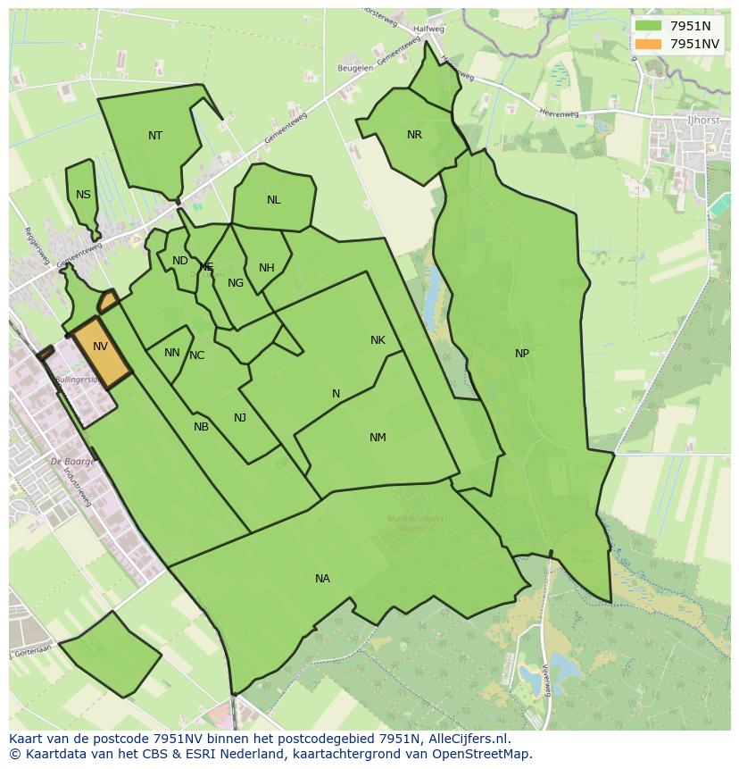 Afbeelding van het postcodegebied 7951 NV op de kaart.