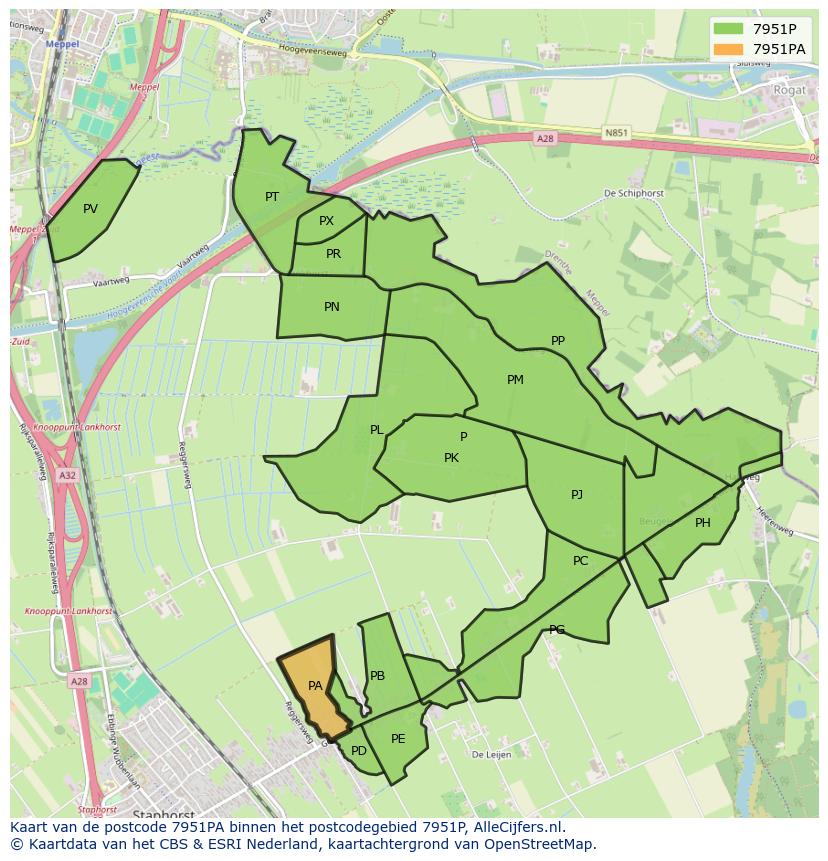 Afbeelding van het postcodegebied 7951 PA op de kaart.
