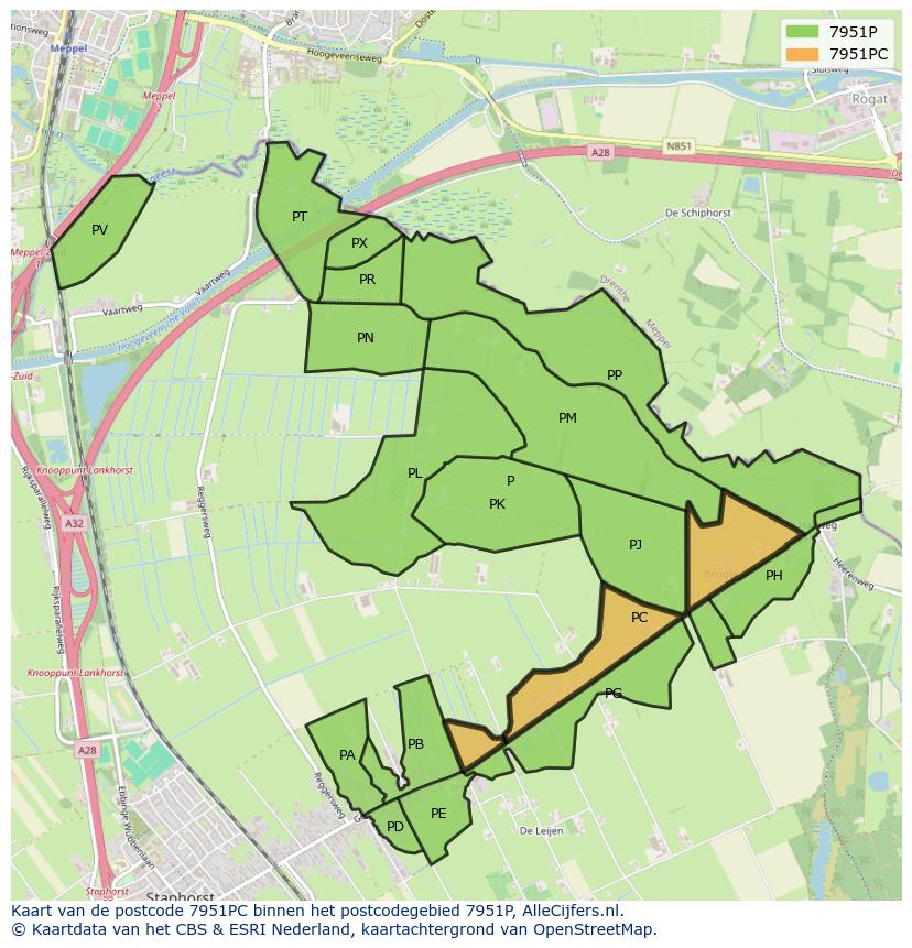 Afbeelding van het postcodegebied 7951 PC op de kaart.