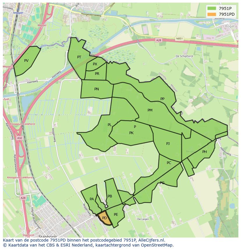 Afbeelding van het postcodegebied 7951 PD op de kaart.