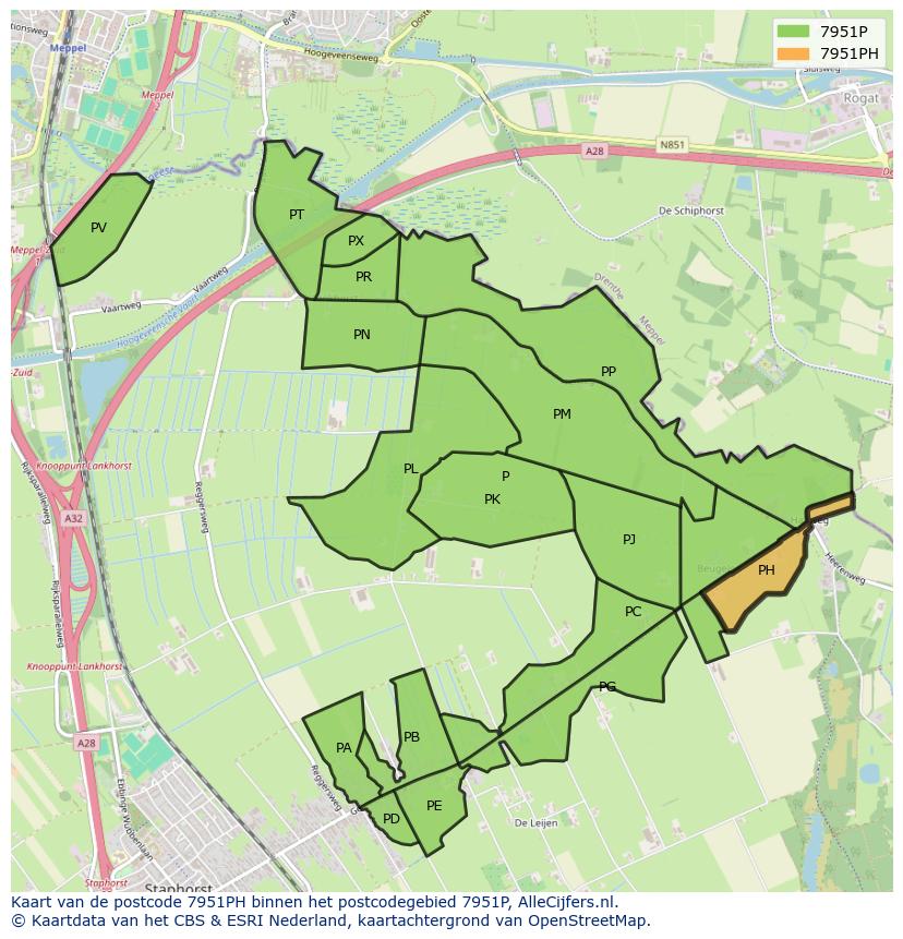 Afbeelding van het postcodegebied 7951 PH op de kaart.