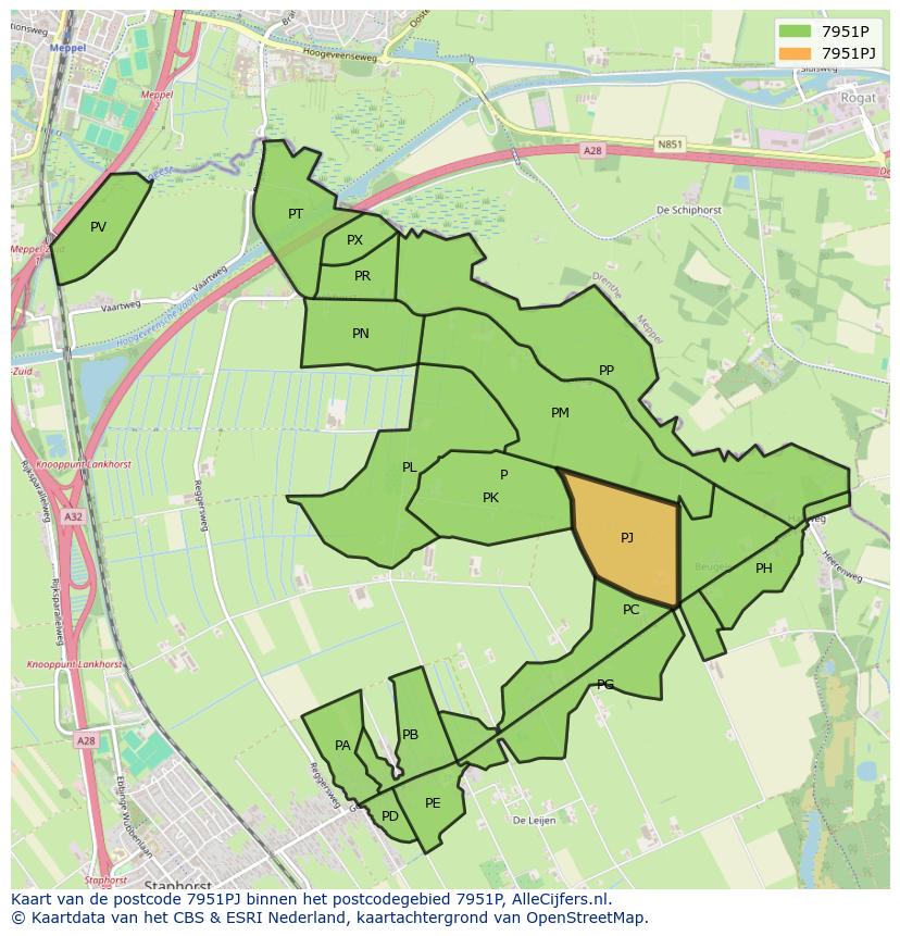 Afbeelding van het postcodegebied 7951 PJ op de kaart.