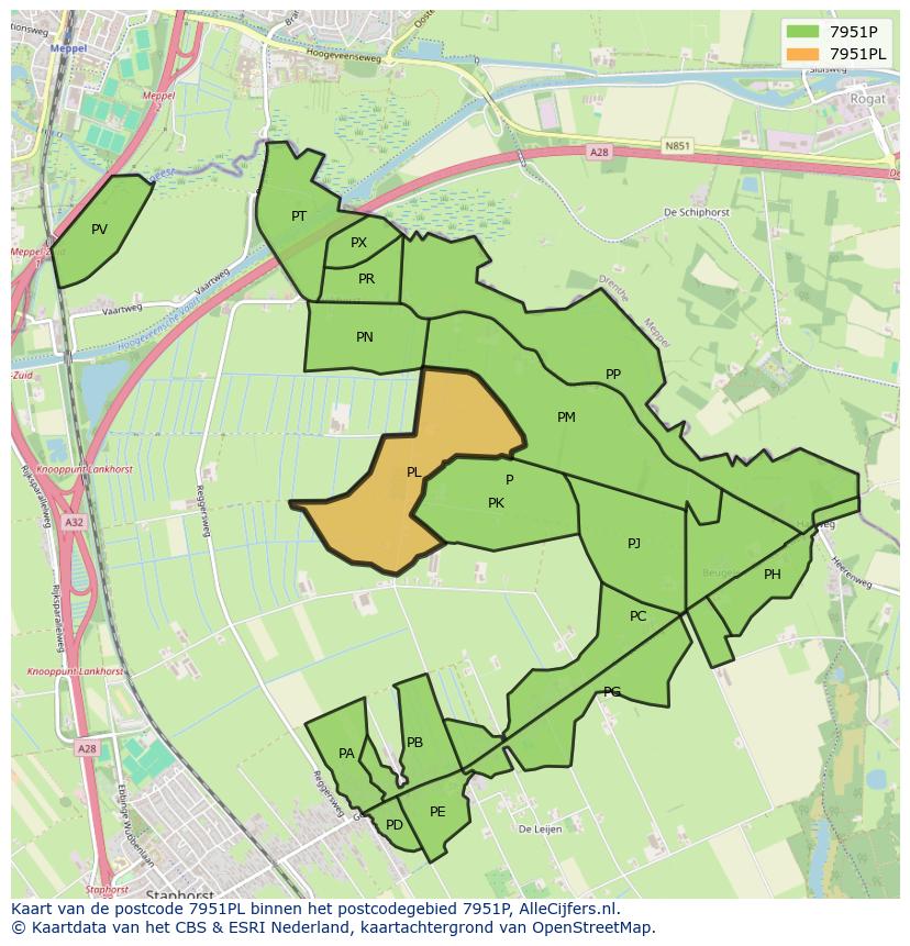 Afbeelding van het postcodegebied 7951 PL op de kaart.