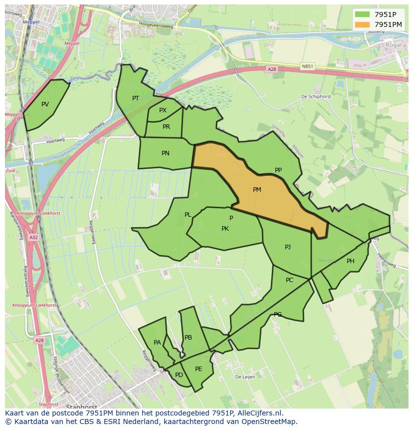 Afbeelding van het postcodegebied 7951 PM op de kaart.