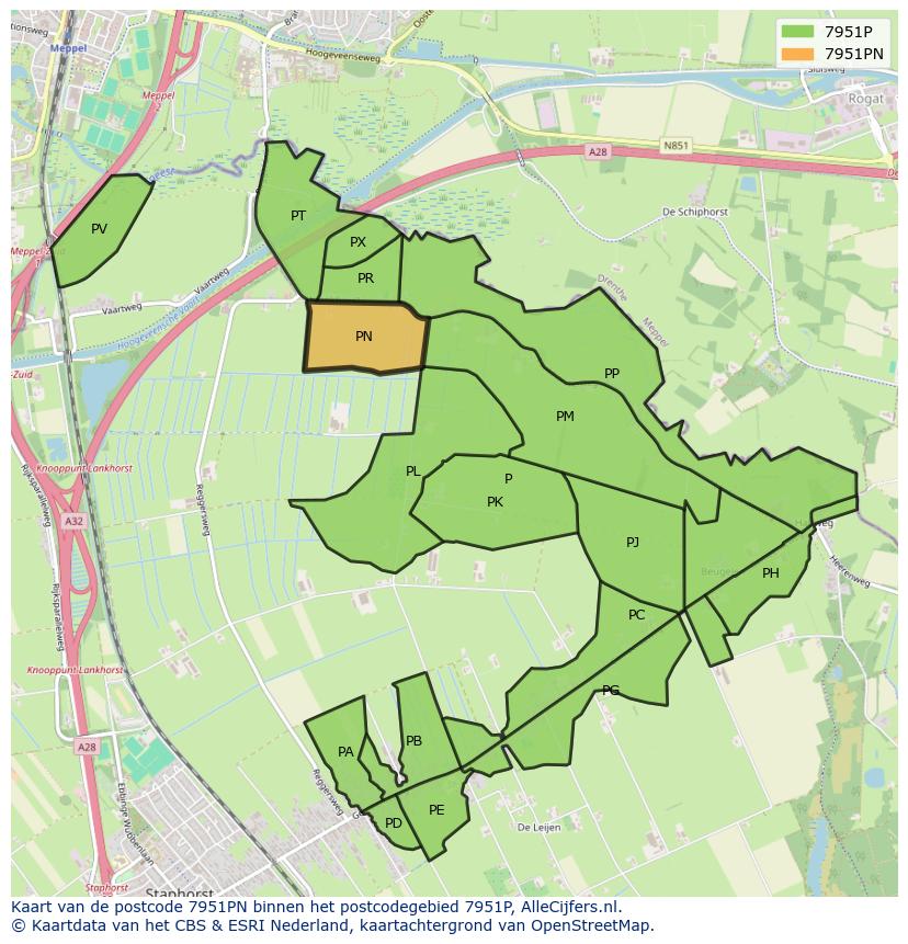 Afbeelding van het postcodegebied 7951 PN op de kaart.