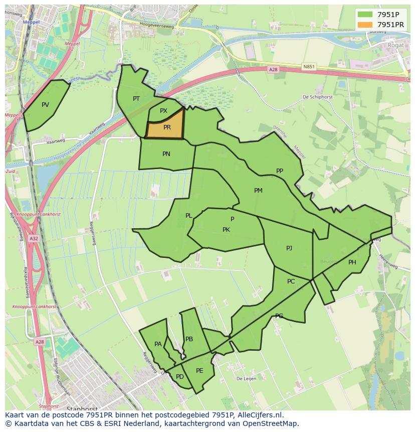 Afbeelding van het postcodegebied 7951 PR op de kaart.