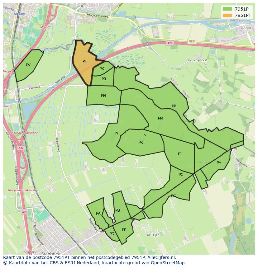 Afbeelding van het postcodegebied 7951 PT op de kaart.