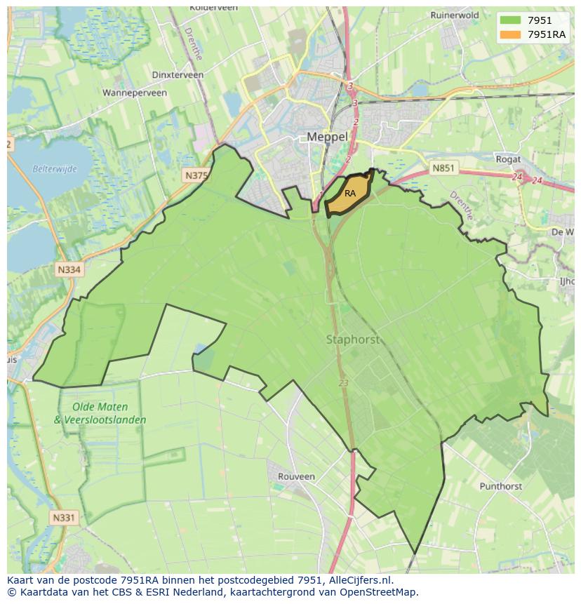 Afbeelding van het postcodegebied 7951 RA op de kaart.