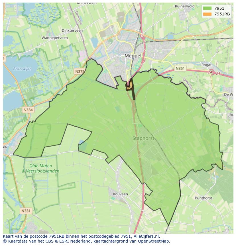 Afbeelding van het postcodegebied 7951 RB op de kaart.