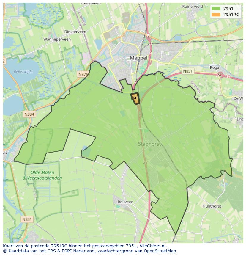 Afbeelding van het postcodegebied 7951 RC op de kaart.