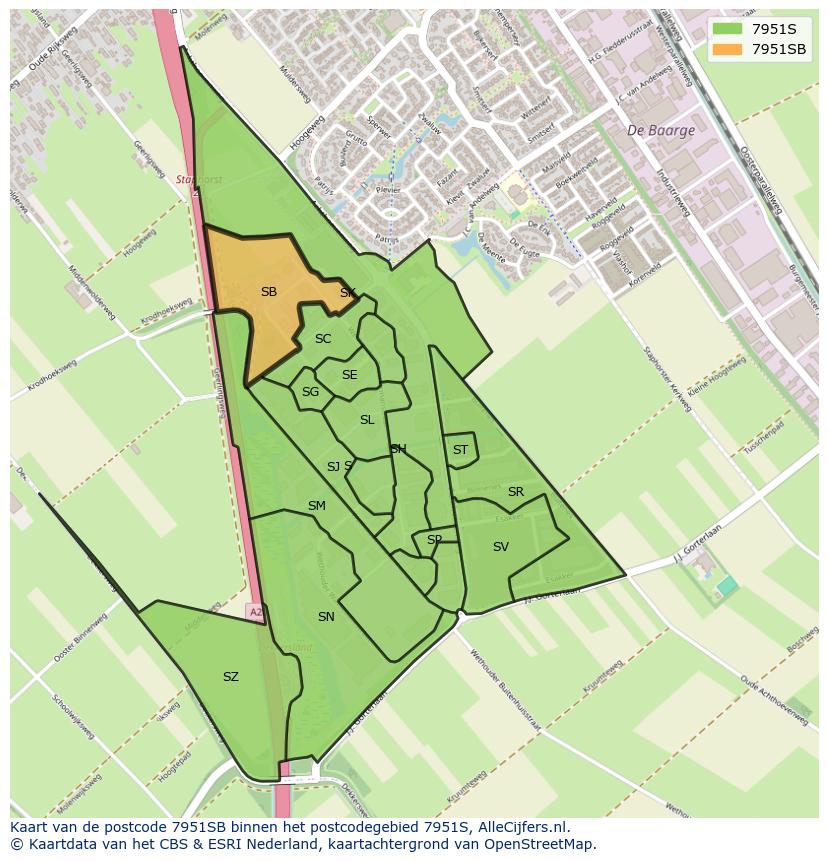 Afbeelding van het postcodegebied 7951 SB op de kaart.