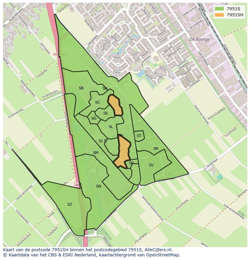Afbeelding van het postcodegebied 7951 SH op de kaart.