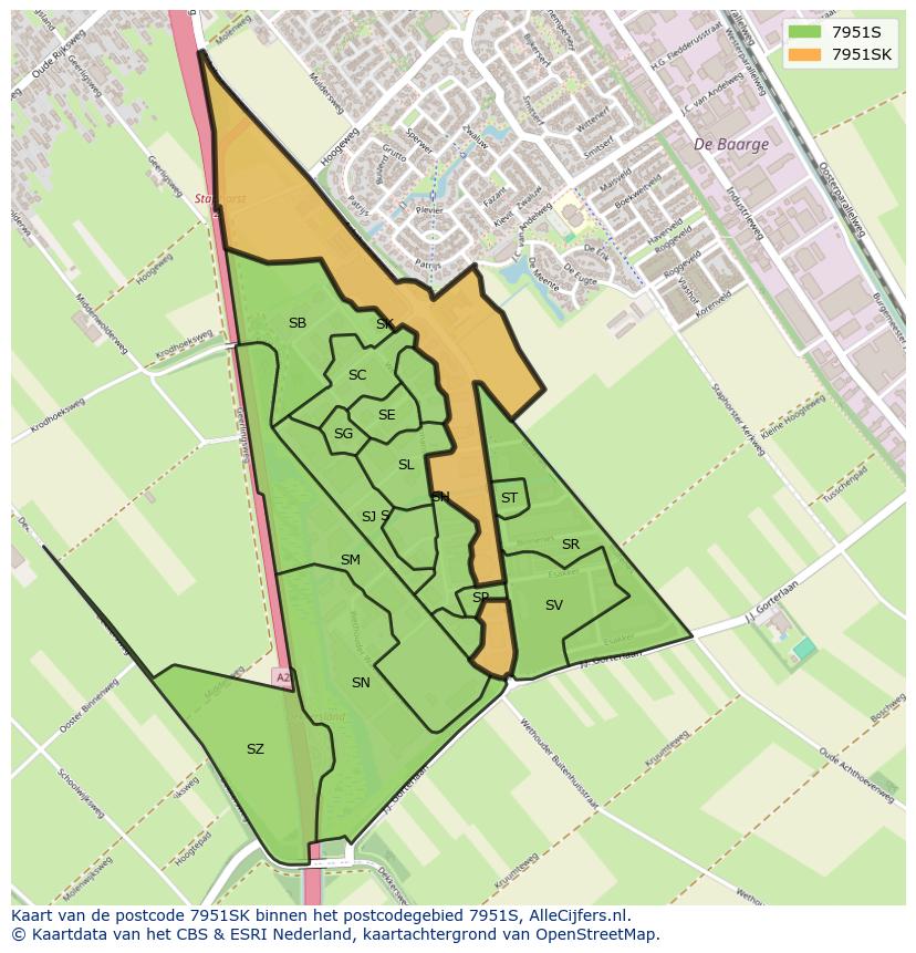 Afbeelding van het postcodegebied 7951 SK op de kaart.