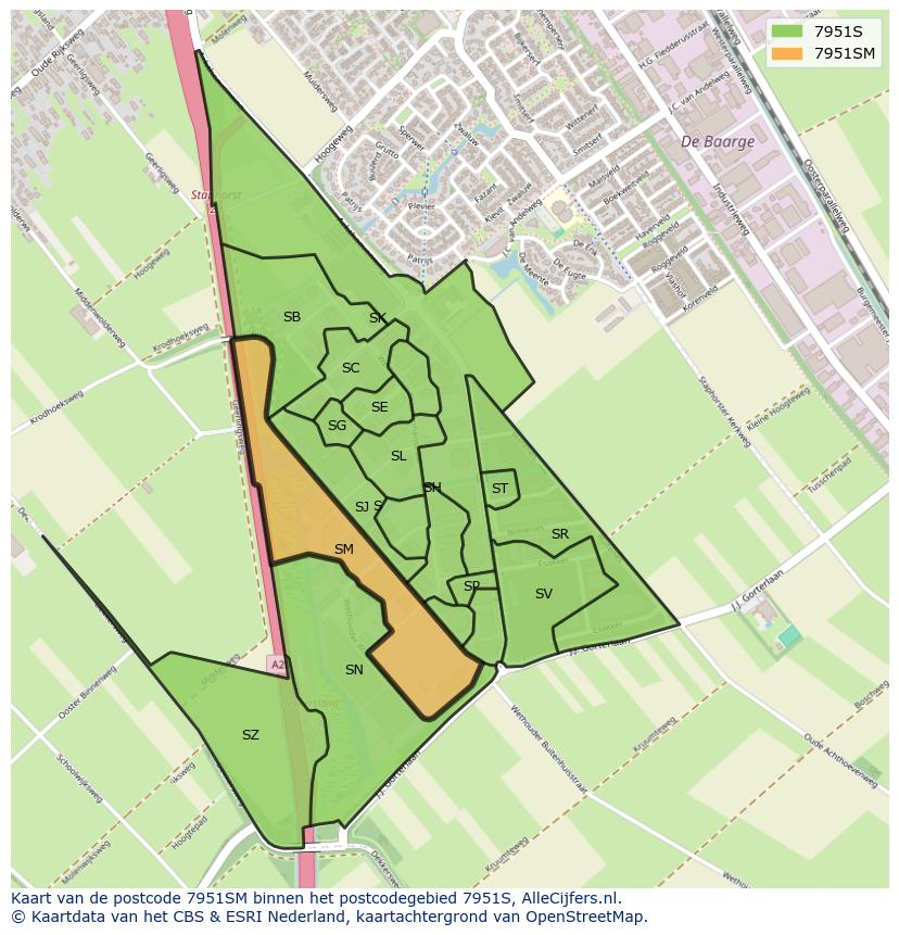 Afbeelding van het postcodegebied 7951 SM op de kaart.