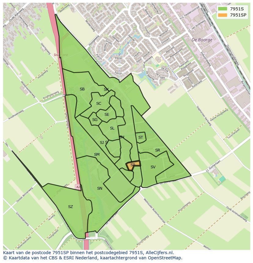 Afbeelding van het postcodegebied 7951 SP op de kaart.