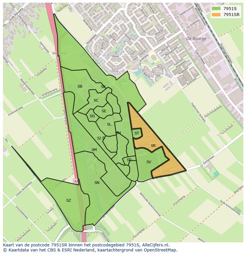 Afbeelding van het postcodegebied 7951 SR op de kaart.