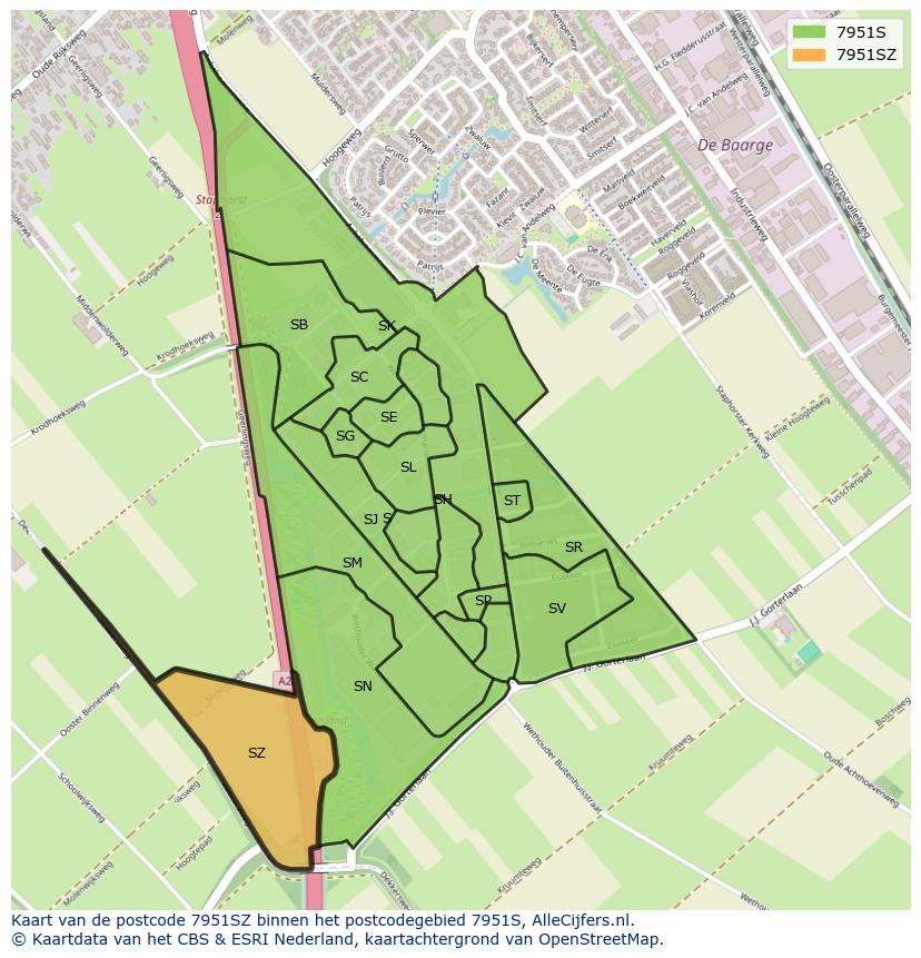 Afbeelding van het postcodegebied 7951 SZ op de kaart.