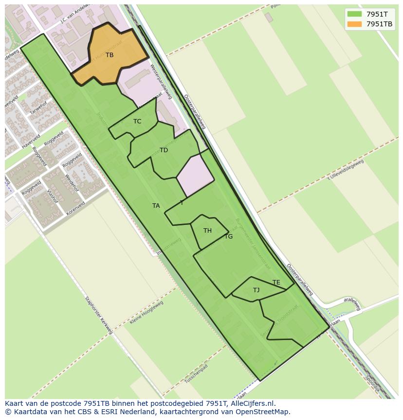 Afbeelding van het postcodegebied 7951 TB op de kaart.