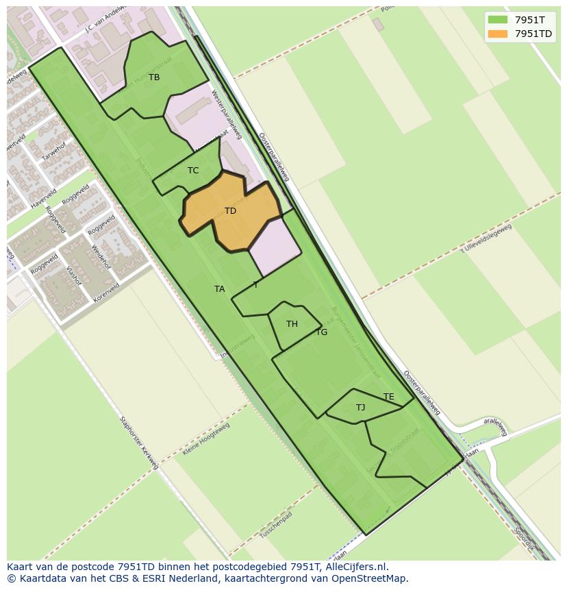 Afbeelding van het postcodegebied 7951 TD op de kaart.
