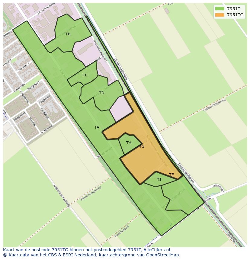 Afbeelding van het postcodegebied 7951 TG op de kaart.