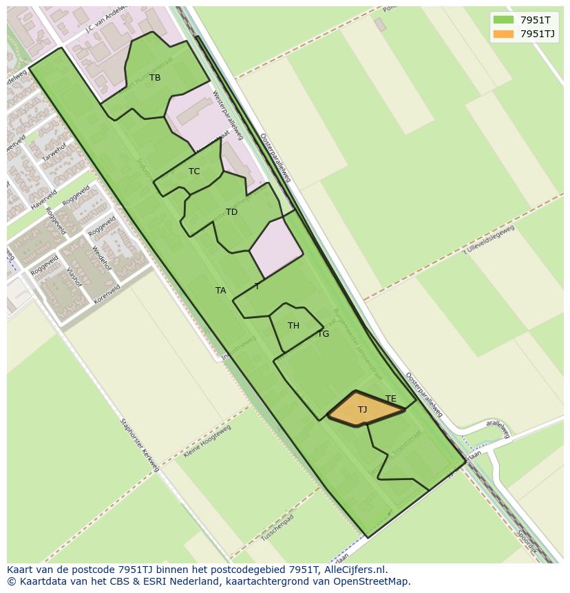 Afbeelding van het postcodegebied 7951 TJ op de kaart.