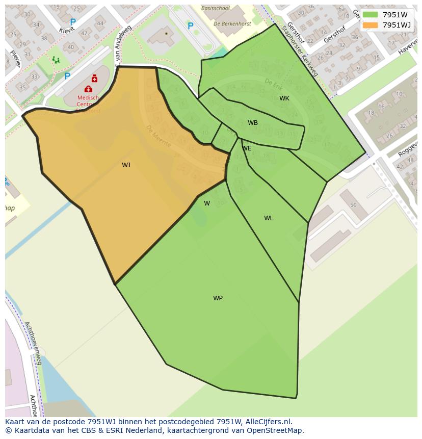 Afbeelding van het postcodegebied 7951 WJ op de kaart.