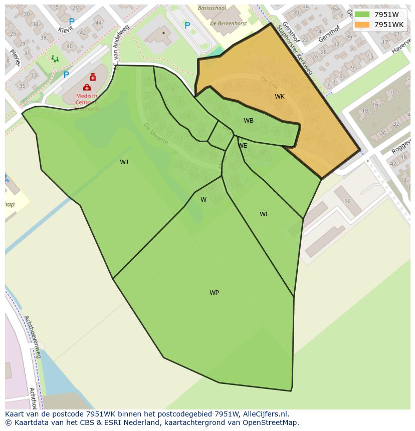 Afbeelding van het postcodegebied 7951 WK op de kaart.