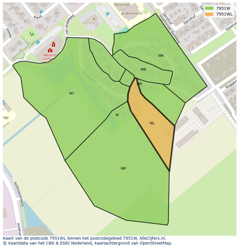 Afbeelding van het postcodegebied 7951 WL op de kaart.