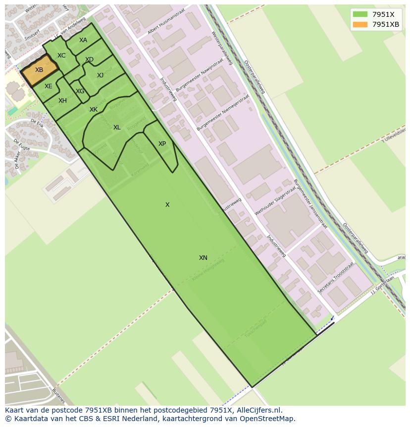 Afbeelding van het postcodegebied 7951 XB op de kaart.
