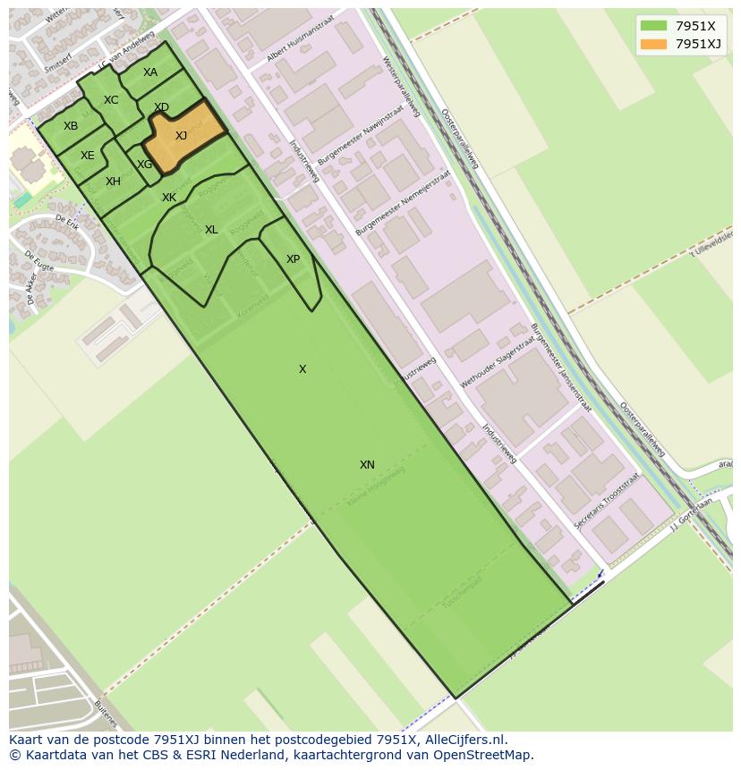 Afbeelding van het postcodegebied 7951 XJ op de kaart.