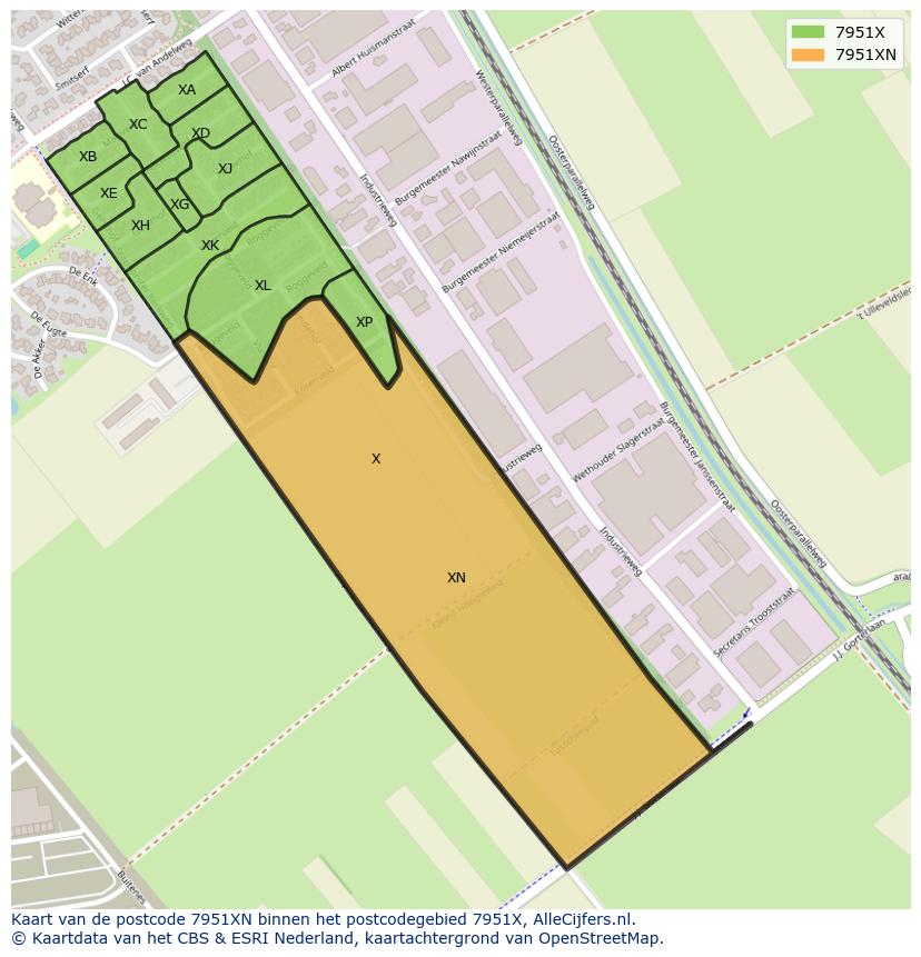 Afbeelding van het postcodegebied 7951 XN op de kaart.