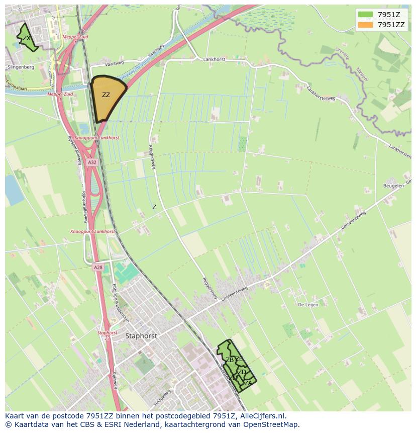 Afbeelding van het postcodegebied 7951 ZZ op de kaart.