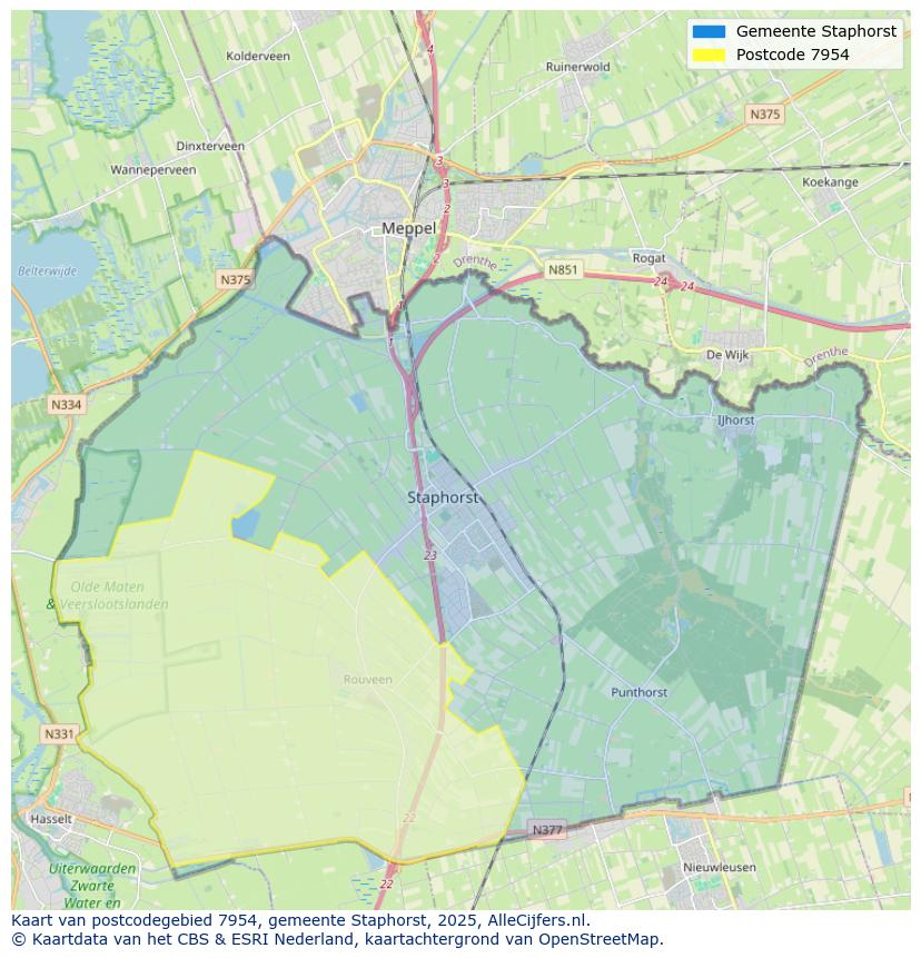 Afbeelding van het postcodegebied 7954 op de kaart.