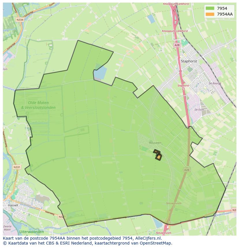 Afbeelding van het postcodegebied 7954 AA op de kaart.