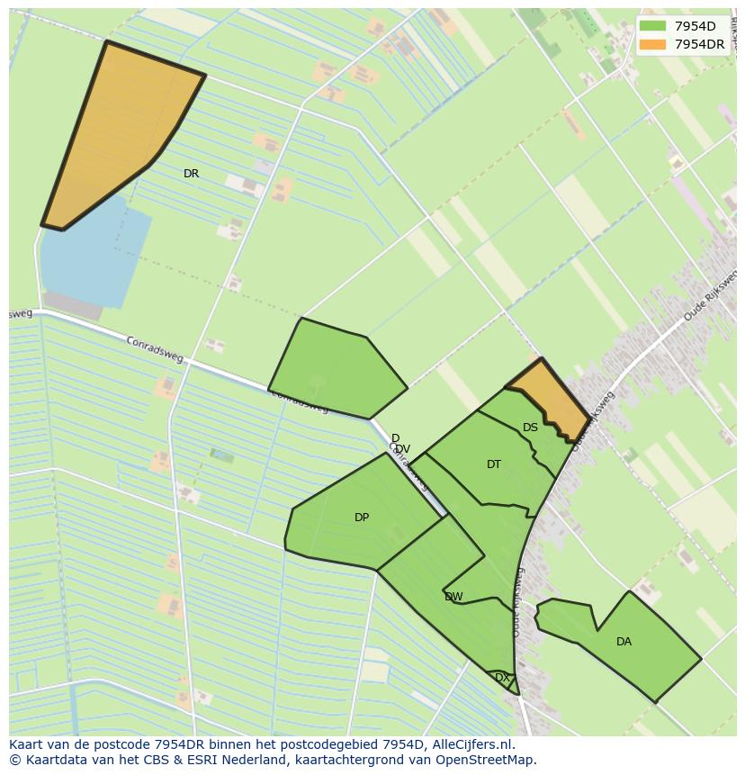 Afbeelding van het postcodegebied 7954 DR op de kaart.