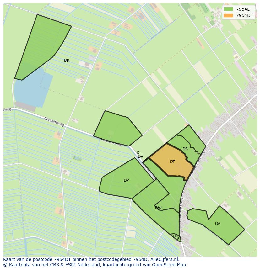 Afbeelding van het postcodegebied 7954 DT op de kaart.