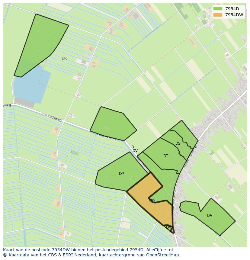 Afbeelding van het postcodegebied 7954 DW op de kaart.