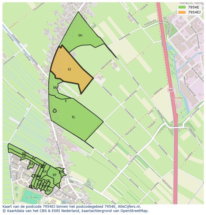 Afbeelding van het postcodegebied 7954 EJ op de kaart.