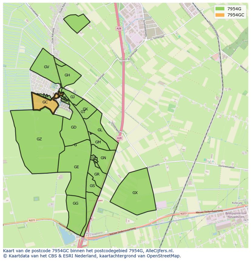 Afbeelding van het postcodegebied 7954 GC op de kaart.