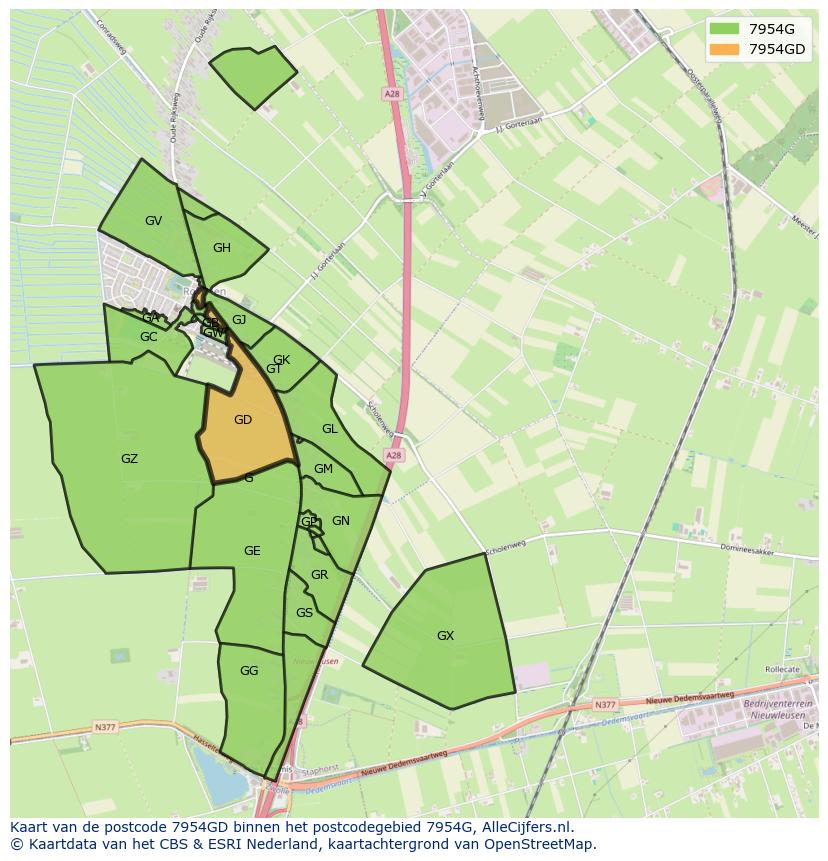 Afbeelding van het postcodegebied 7954 GD op de kaart.