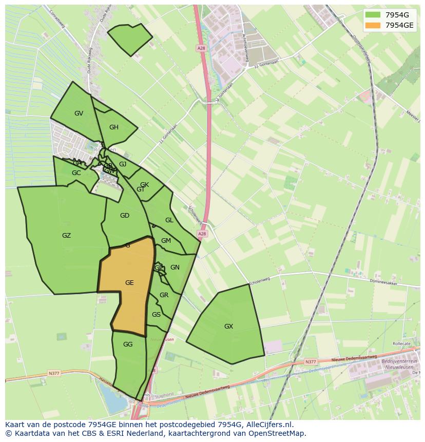 Afbeelding van het postcodegebied 7954 GE op de kaart.