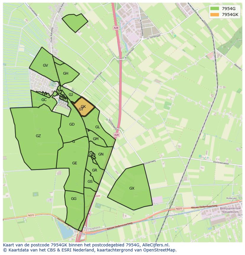 Afbeelding van het postcodegebied 7954 GK op de kaart.