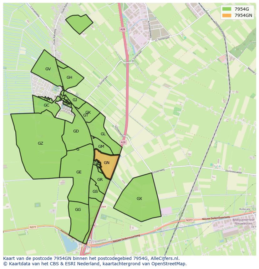 Afbeelding van het postcodegebied 7954 GN op de kaart.