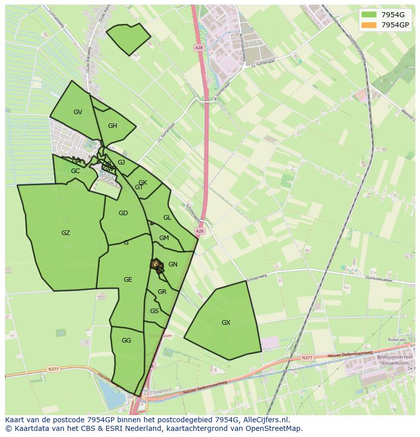 Afbeelding van het postcodegebied 7954 GP op de kaart.