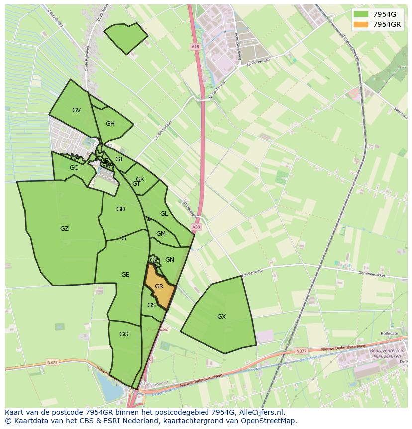 Afbeelding van het postcodegebied 7954 GR op de kaart.